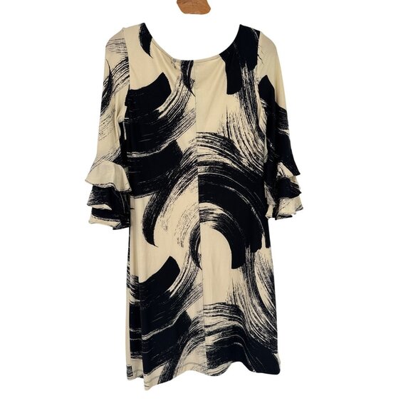 Muse Womens Size 10 Ruffle Sleeve Dress Black  Beige Abstract Print knit New - Picture 3 of 5